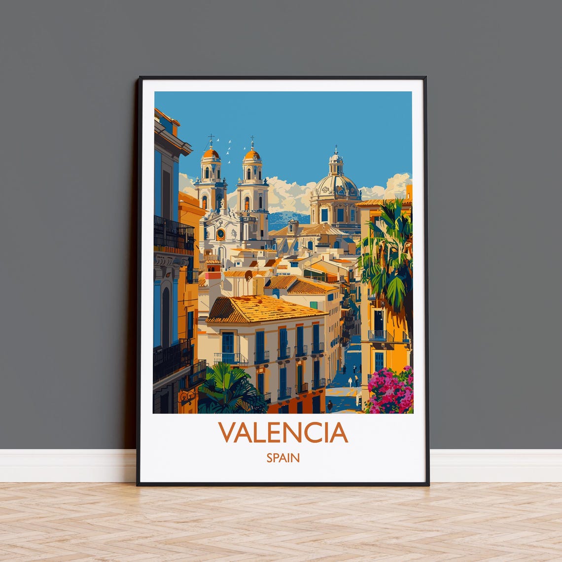 Valencia Cathedral Domes Rooftop View White Border Travel Poster