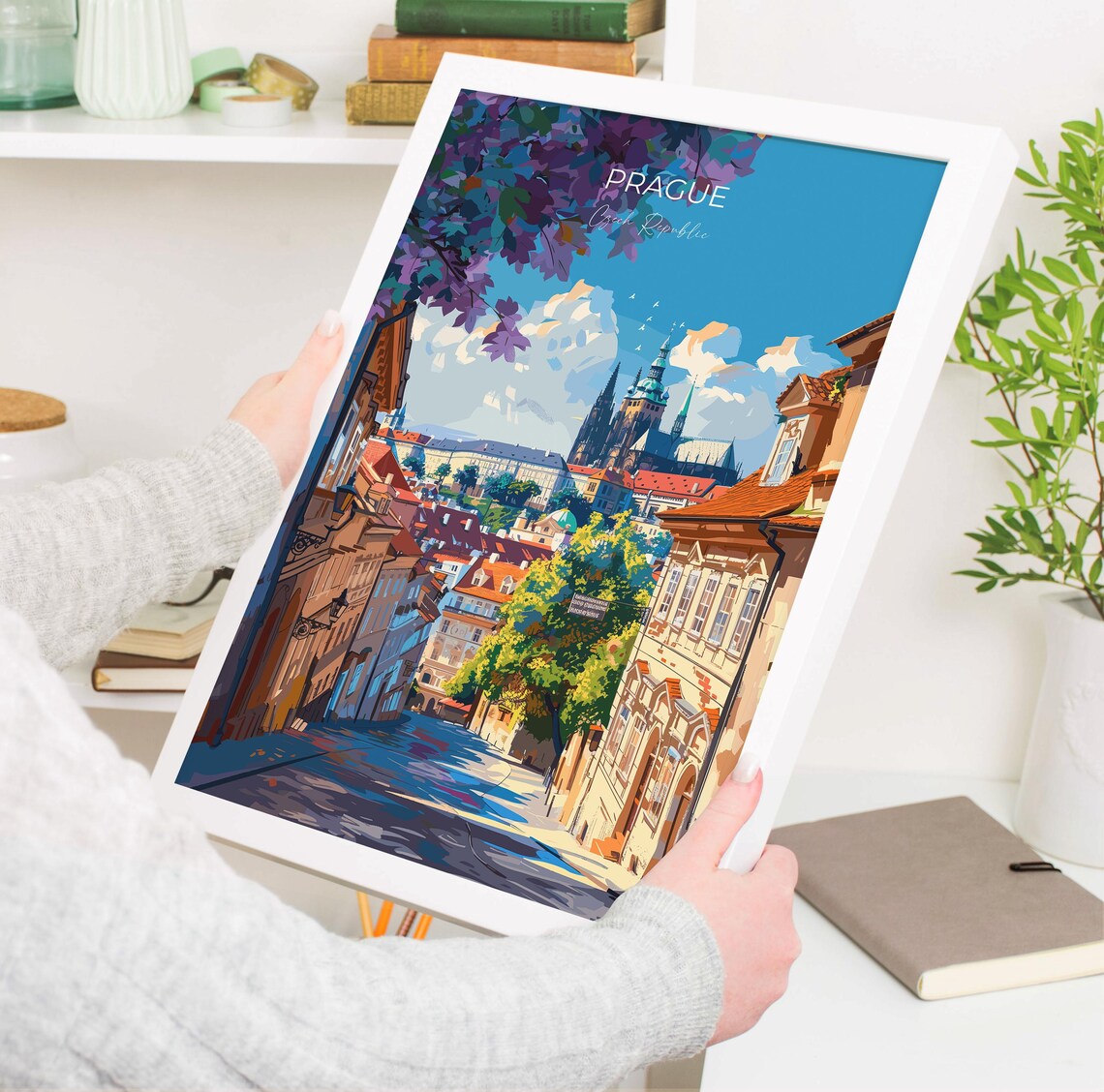 Prague Czech Republic Castle Street Purple Blossom Day View Poster - Image 3