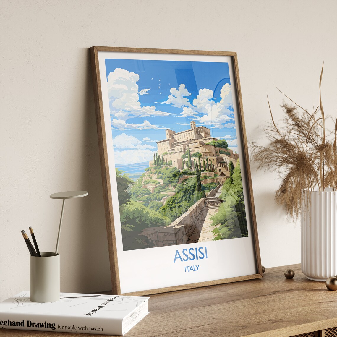 Assisi Italy Hilltop Basilica Cypress Trees Historic Travel Poster - Image 2