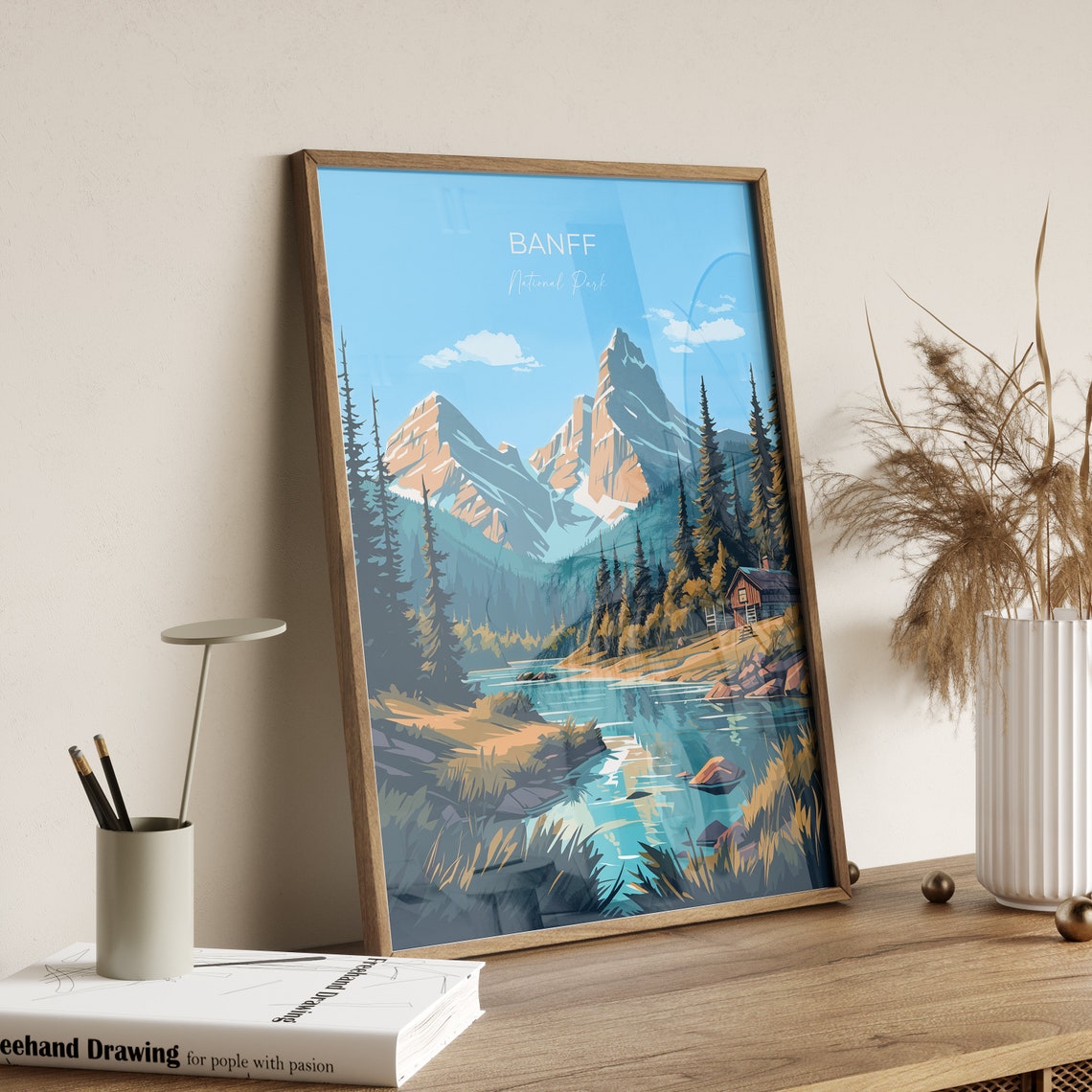 Banff National Park Peaks Lake Cabin Mountain View Travel Poster - Image 2