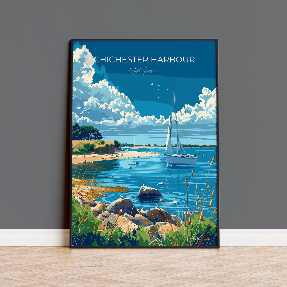 Chichester Harbour Sailboat Rocky Shore Full Bleed Travel Poster