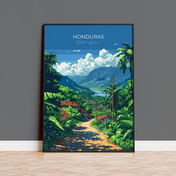 Honduras Tropical Valley Village Path Lush Green Mountains Travel Poster