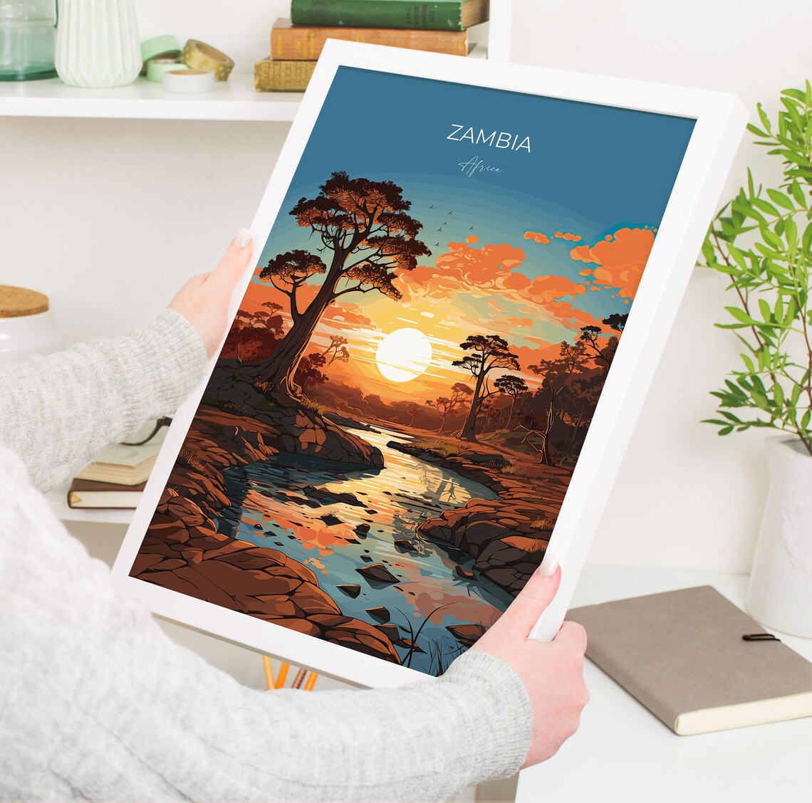 Zambia Africa Sunset River Acacia Tree Vintage Travel Poster - Image 5