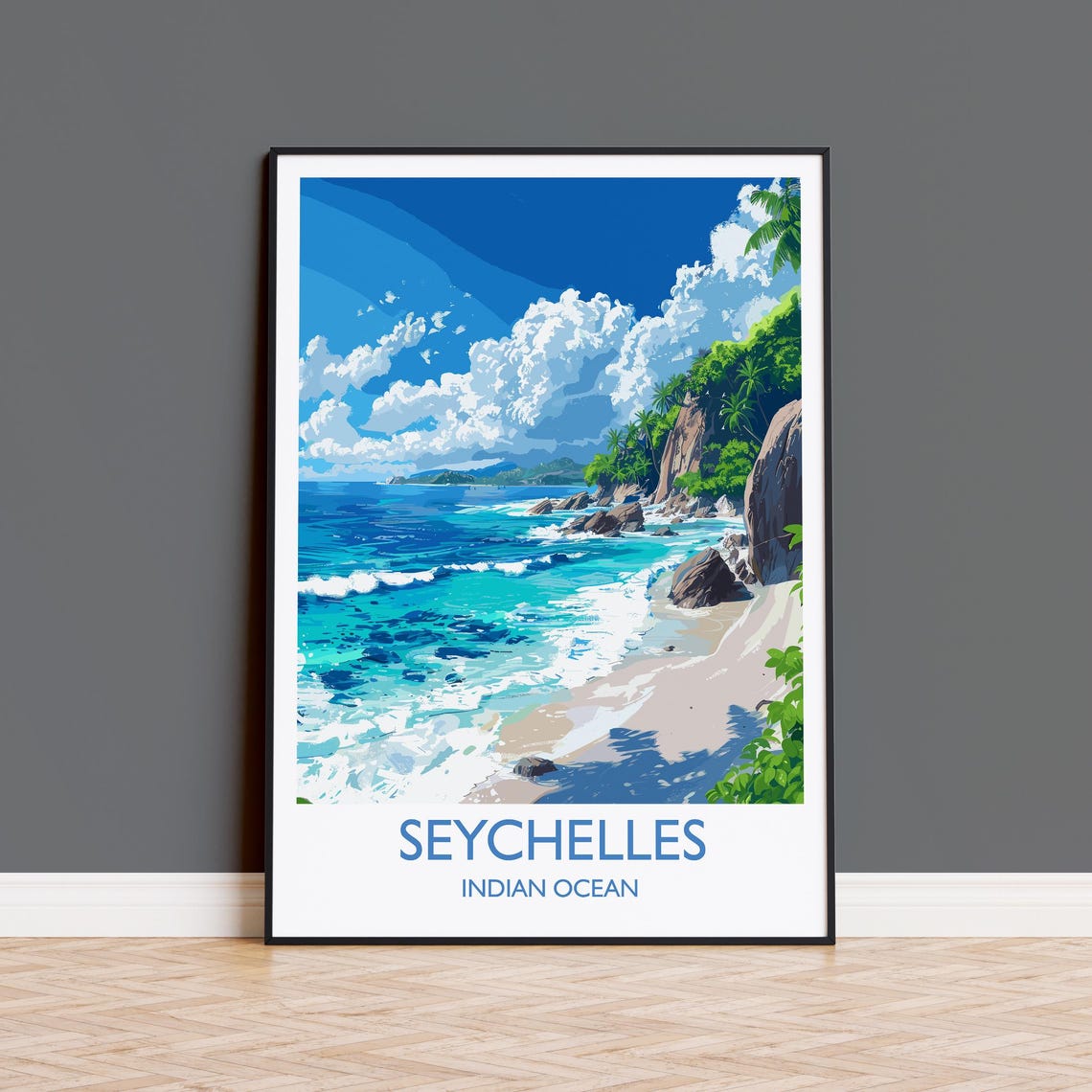 Seychelles Indian Ocean Beach Bold Bottom Title Travel Poster