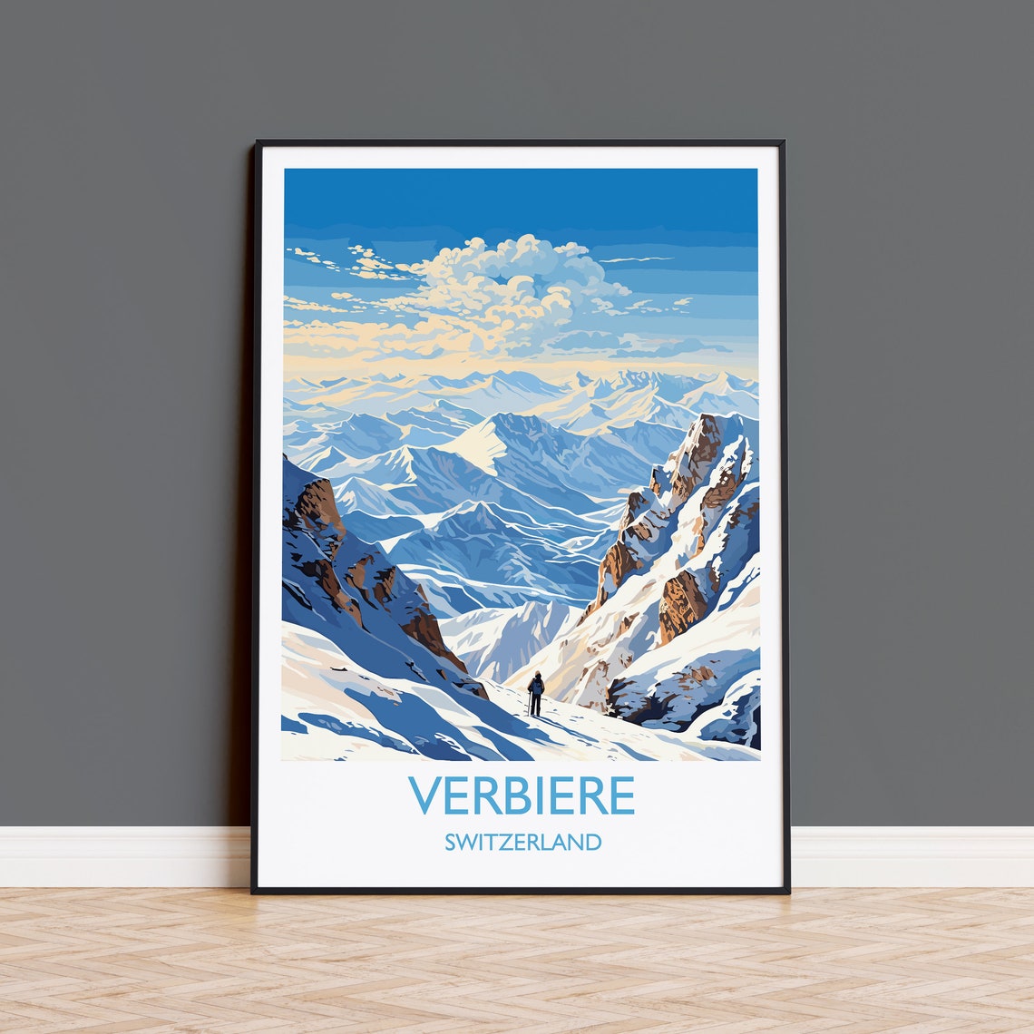 Verbier Switzerland Lone Skier Snowy Ridge Alpine Travel Poster