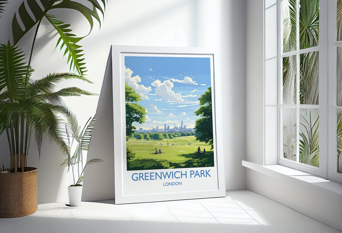 Greenwich Park London Travel Poster Skyline Meadow Picnic Scene - Image 3