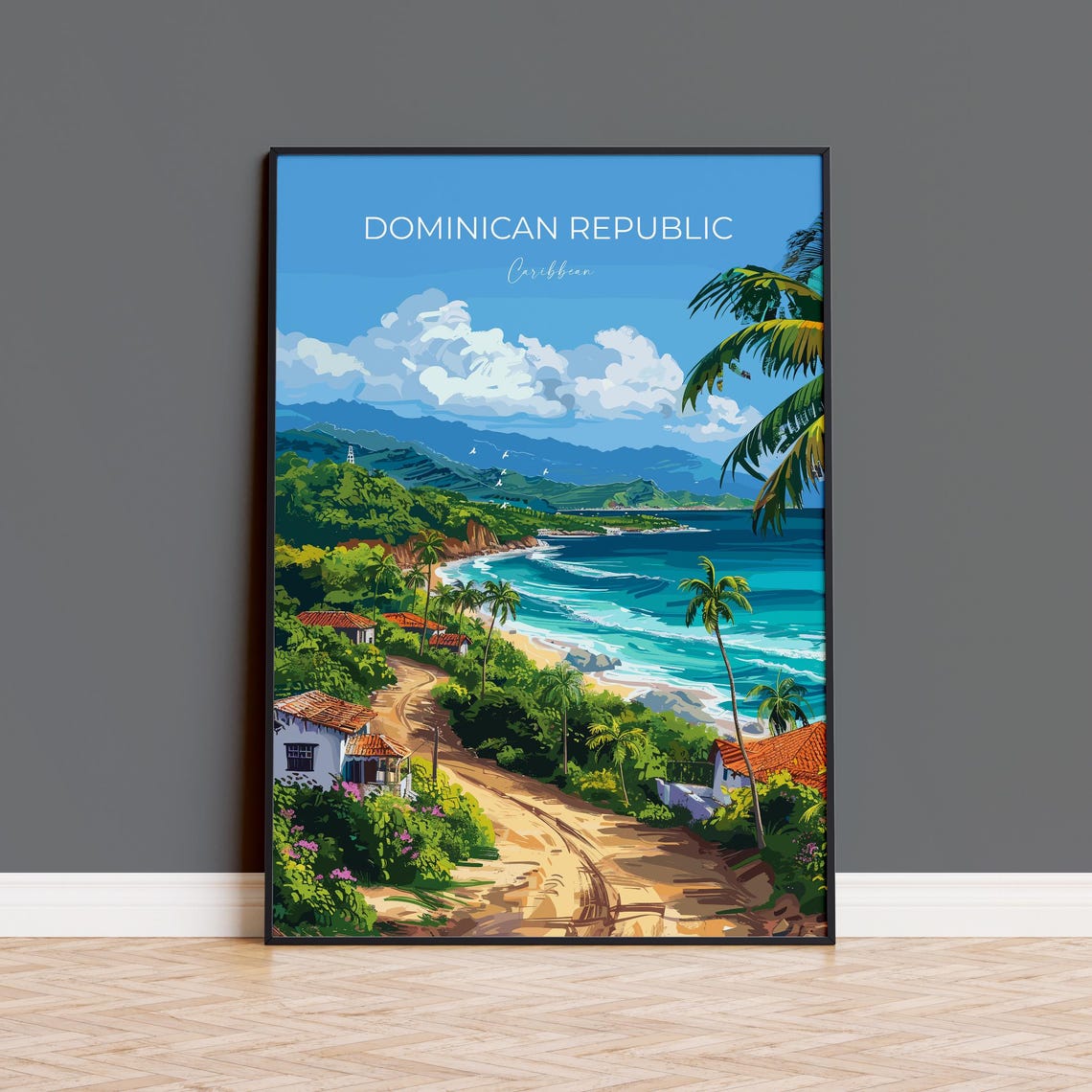 Dominican Republic Caribbean Beach Road Top Lettering Poster