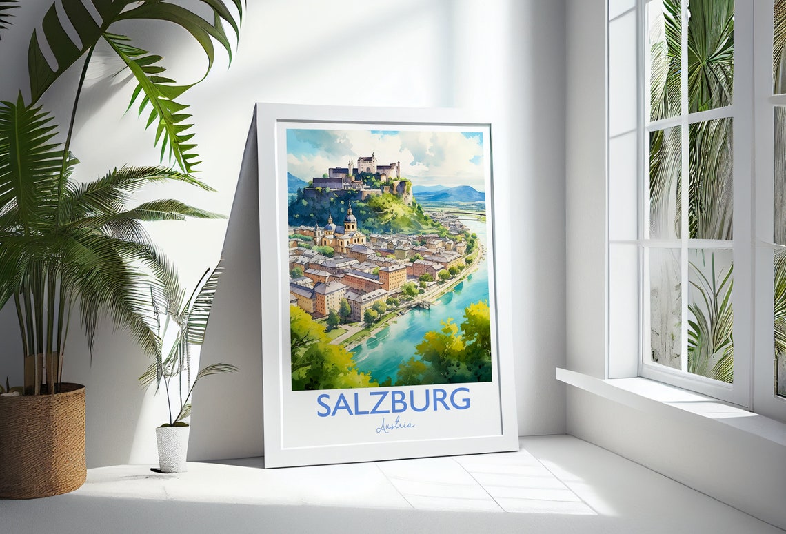 Salzburg Austria Fortress Old Town River Watercolor Travel Poster - Image 3
