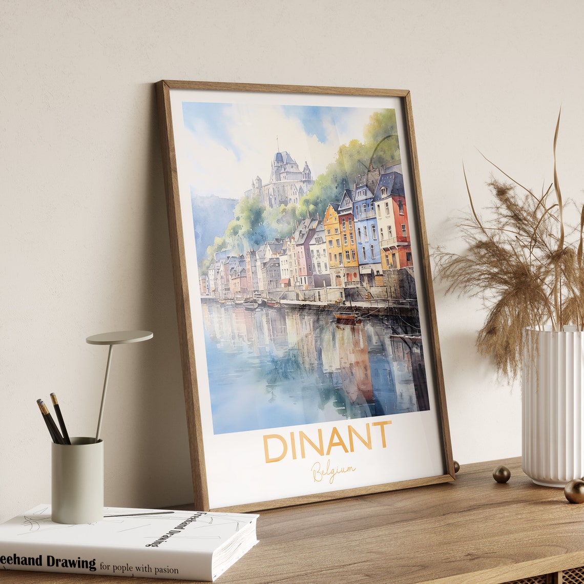 Charming Dinant Belgium Riverside Watercolor Town Art Poster - Image 4