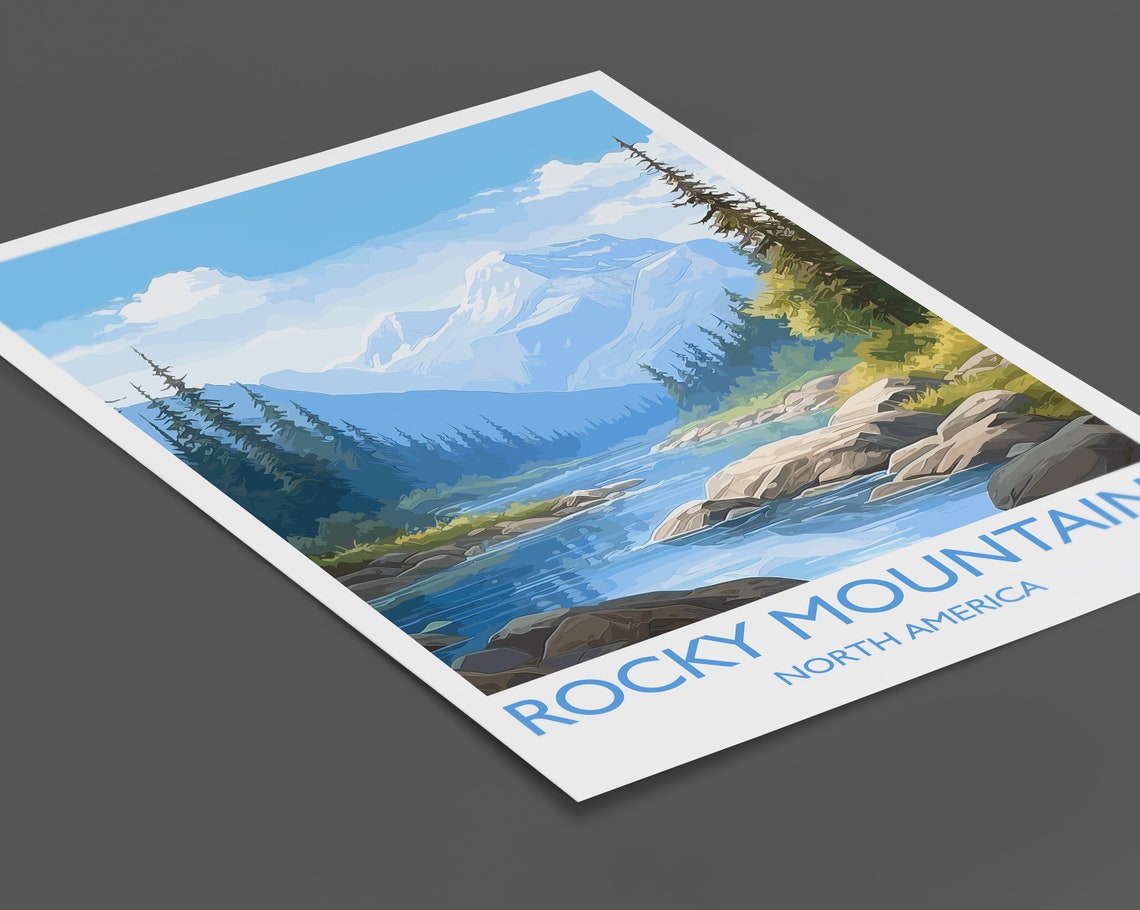 Rocky Mountains Snowy Peak Pine Forest River Scene Travel Poster - Image 2