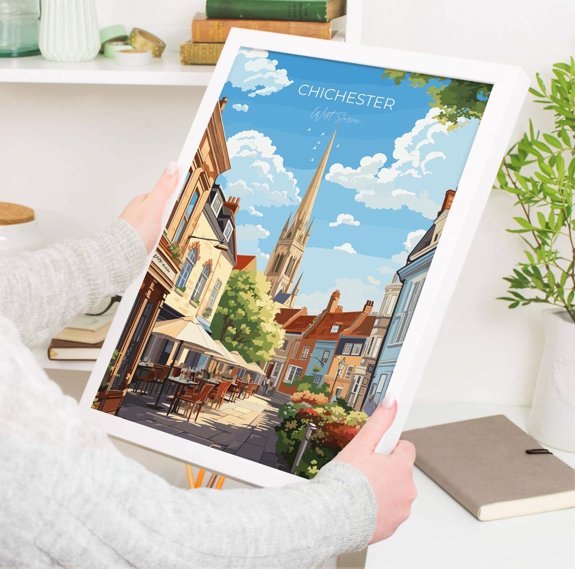 Chichester Cathedral Spire Street Cafes England Travel Poster - Image 3
