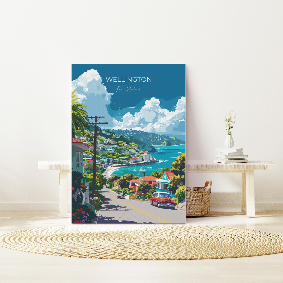 Wellington New Zealand Harbor Street Vintage Car Scene Poster - Image 2