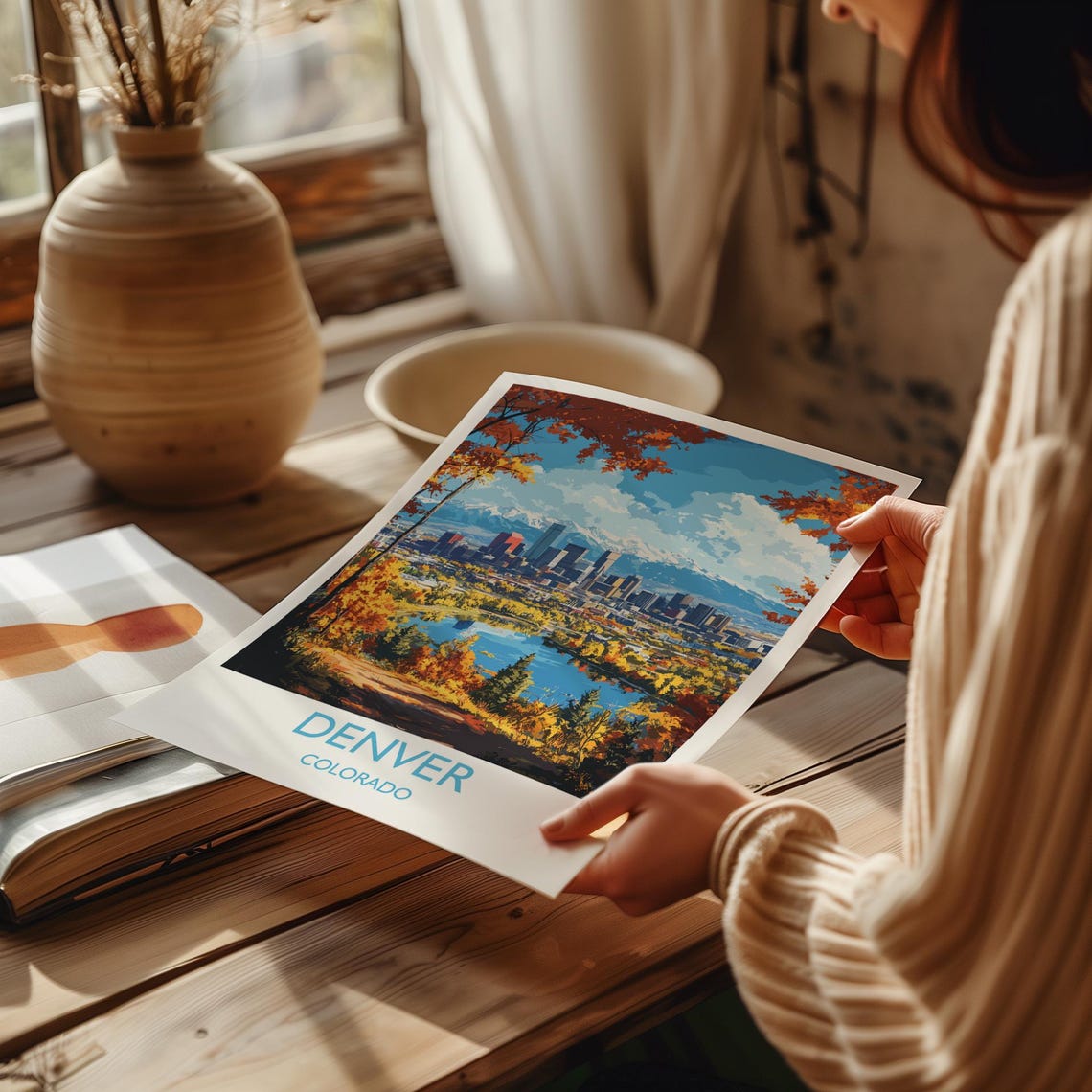 Denver Skyline Fall Colors Lake View Poster With White Border - Image 2