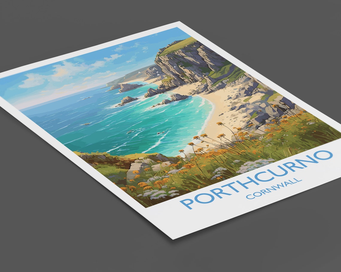 Porthcurno Cornwall England Cliff Beach Wildflower Art Poster - Image 2