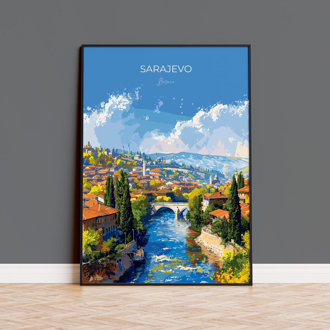 Sarajevo Bosnia Daytime River Old Town Sunny Modern Travel Poster
