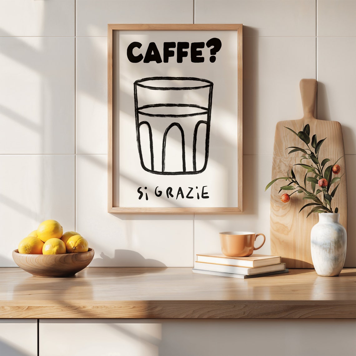 Caffe Si Grazie Yellow and Blue Italian Coffee Playful Humor Poster - Image 2