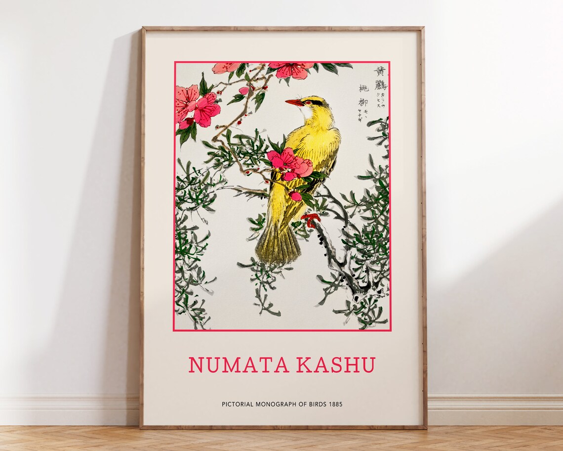 Numata Kashu Yellow Bird And Pink Blossom Japanese Art Poster