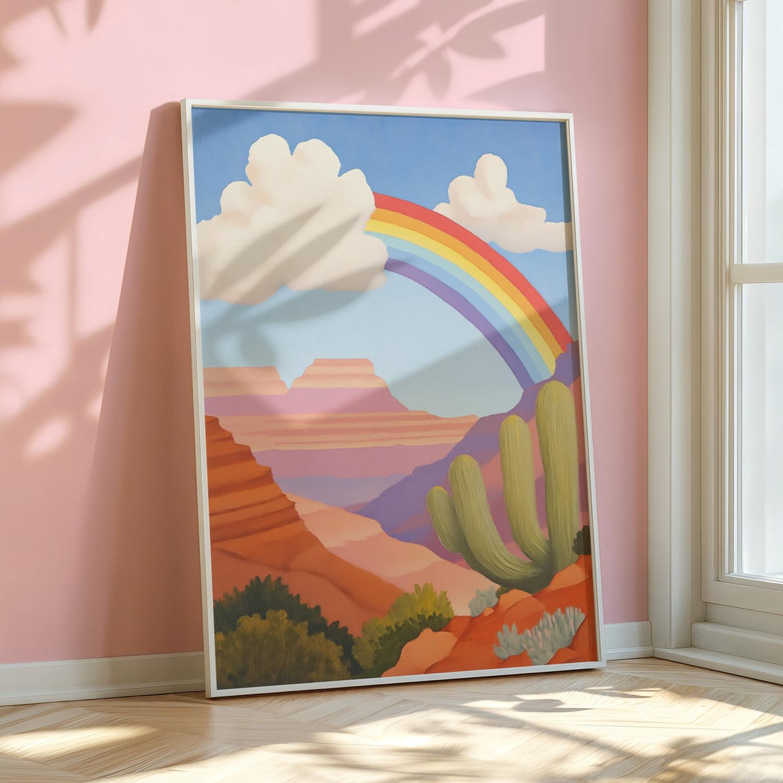 Desert Rainbow Over Red Rock Canyon Saguaro Colorful Art Poster - Image 4