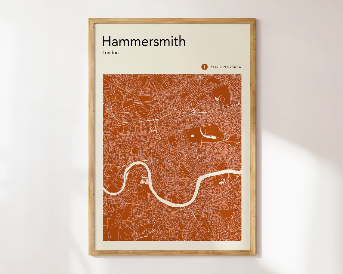 Hammersmith London Neighborhood Street Map Burnt Orange Art Print