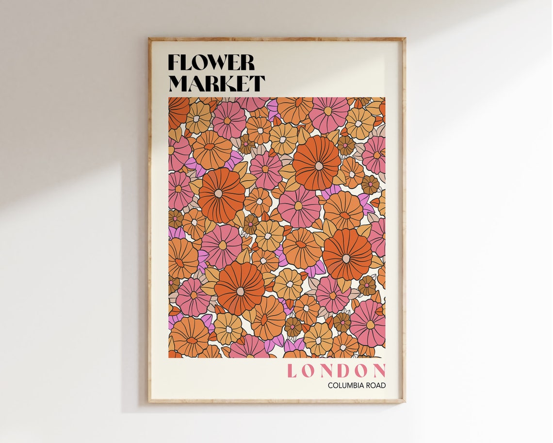 Flower Market Art Print Flower Market Poster Flower Market Wall Art Retro 70s Flower Market Flower Market Print Retro Flowers F001
