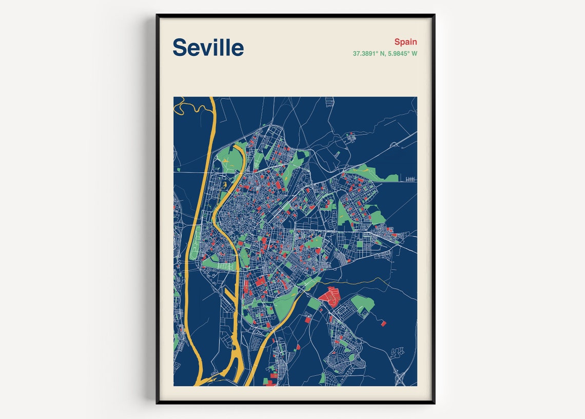 Seville Spain Navy Blue Colorful City Map Poster Modern Style