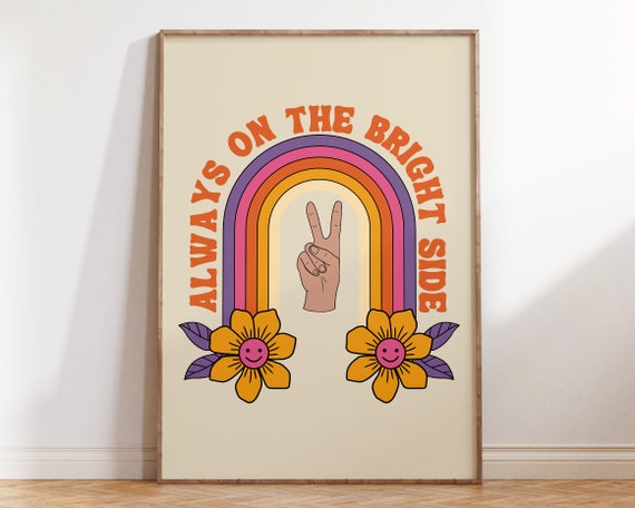 Retro Rainbow Poster Always On The Bright Side Positivity Quote 1970s Retro Art Poster 70s Aesthetic Colourful Groovy Poster R015