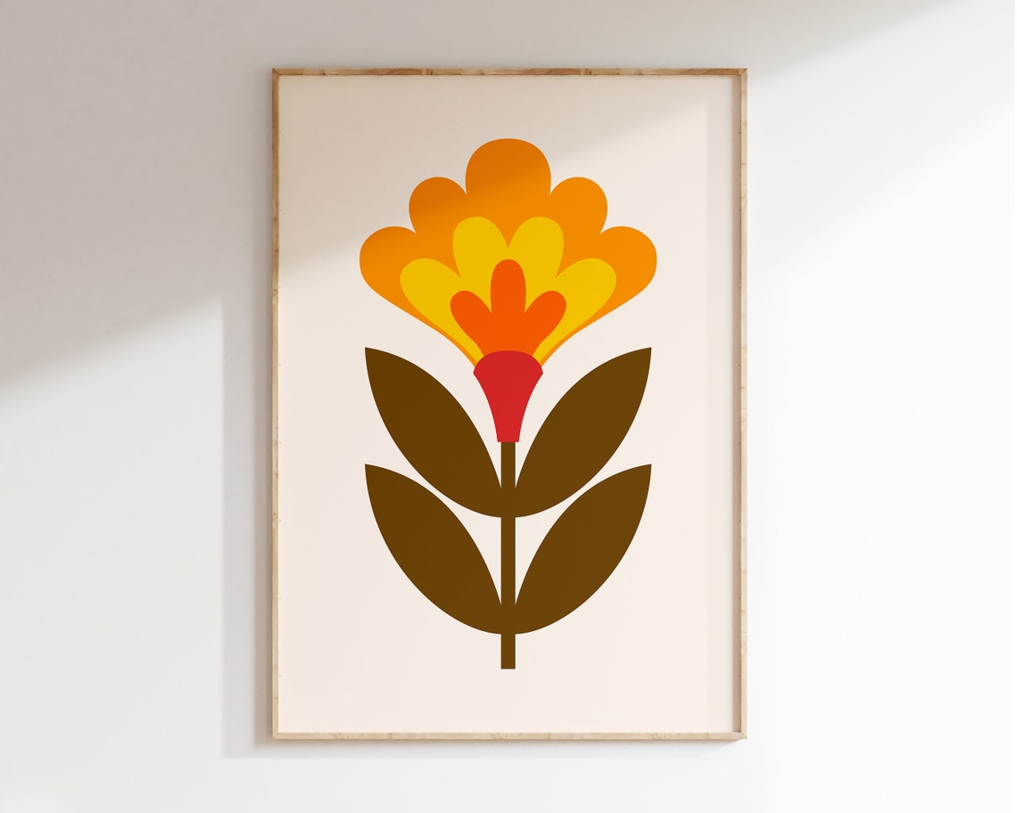 Mid Century Bold Orange Scalloped Bloom Retro Flower Art Poster