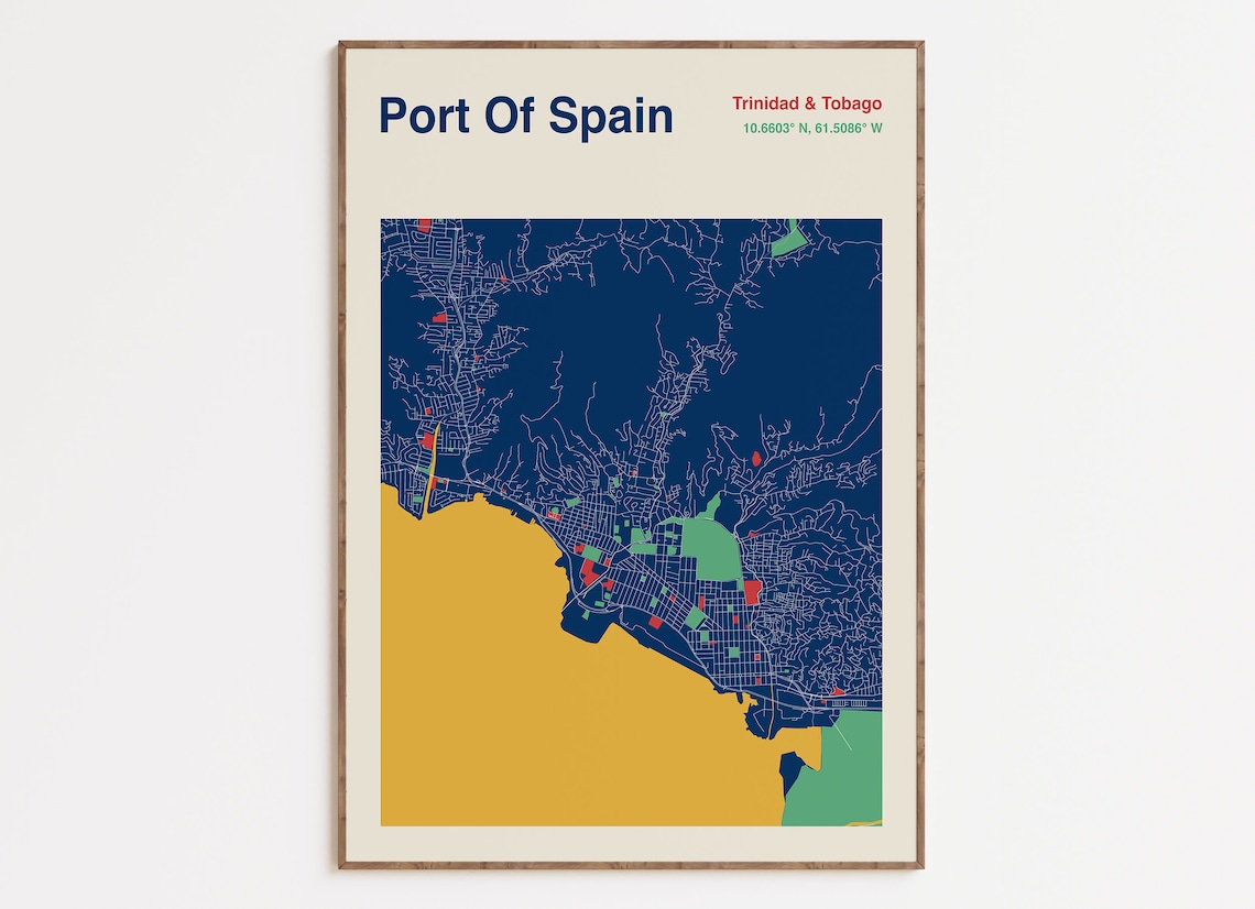 Port Of Spain Map Print, Mid-Century Style