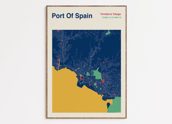 Port Of Spain Map Print, Mid-Century Style