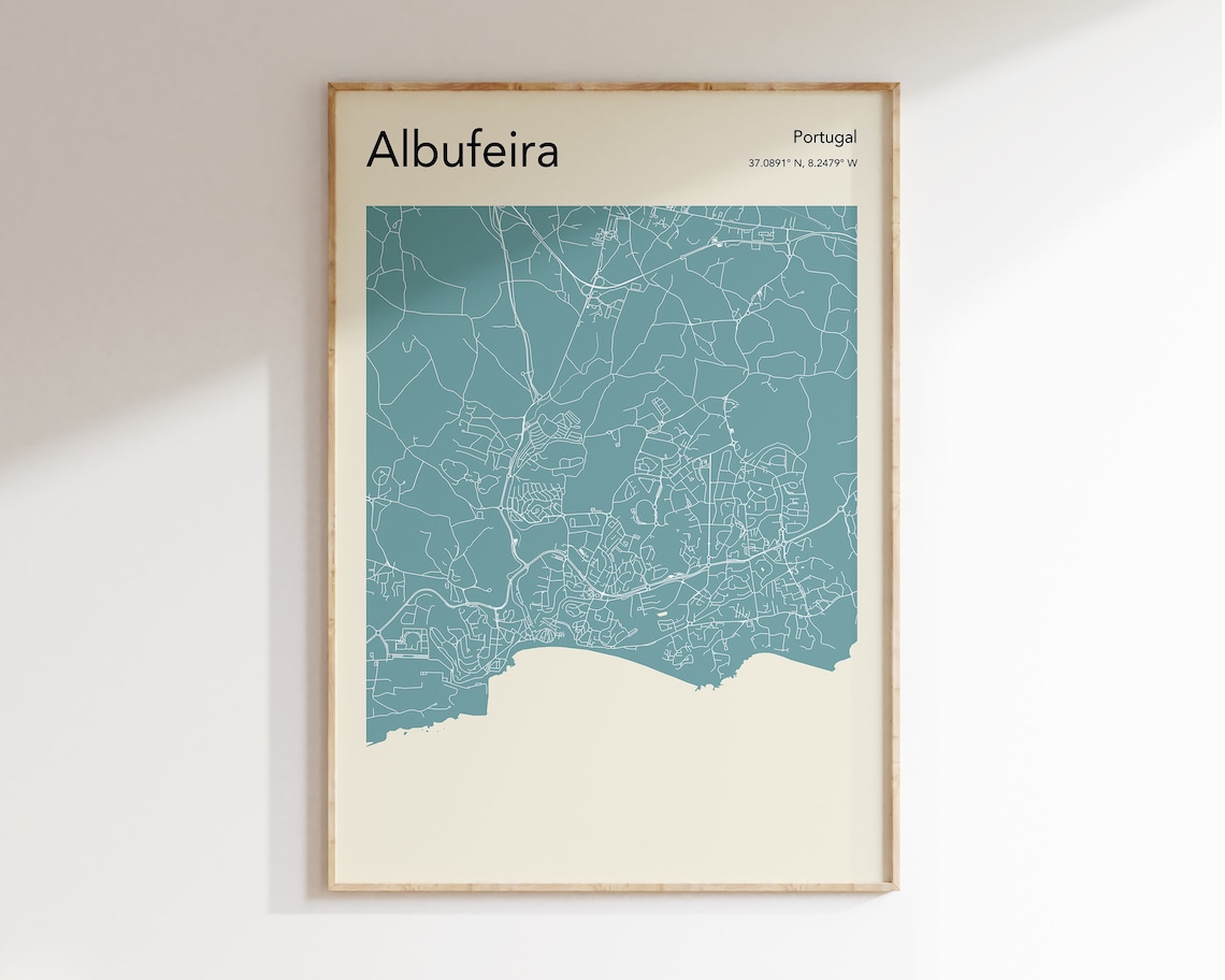 Albufeira Portugal Monochrome Teal Algarve Coast Town Map Art Poster