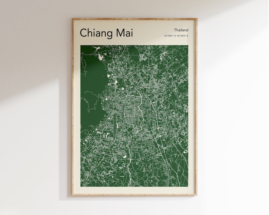Chiang Mai Thailand City Street Map Dark Green Minimalist Art Print