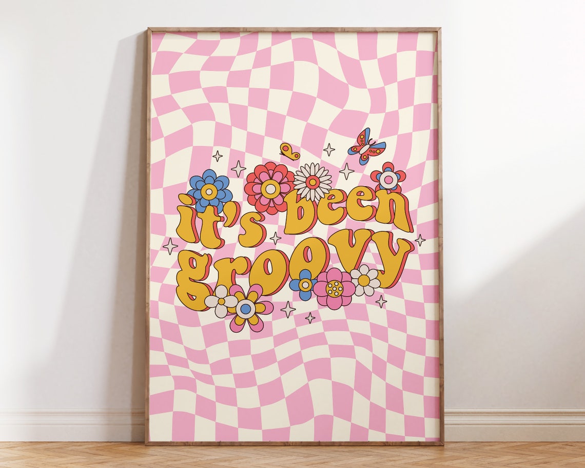 Its Been Groovy Retro 70s Flower Checkerboard Pink Trendy Room Poster