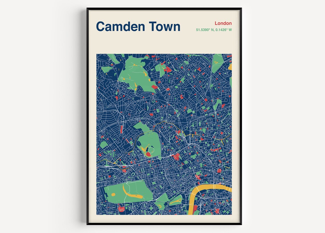 Camden Town London Vintage Navy Detailed City Street Map Poster