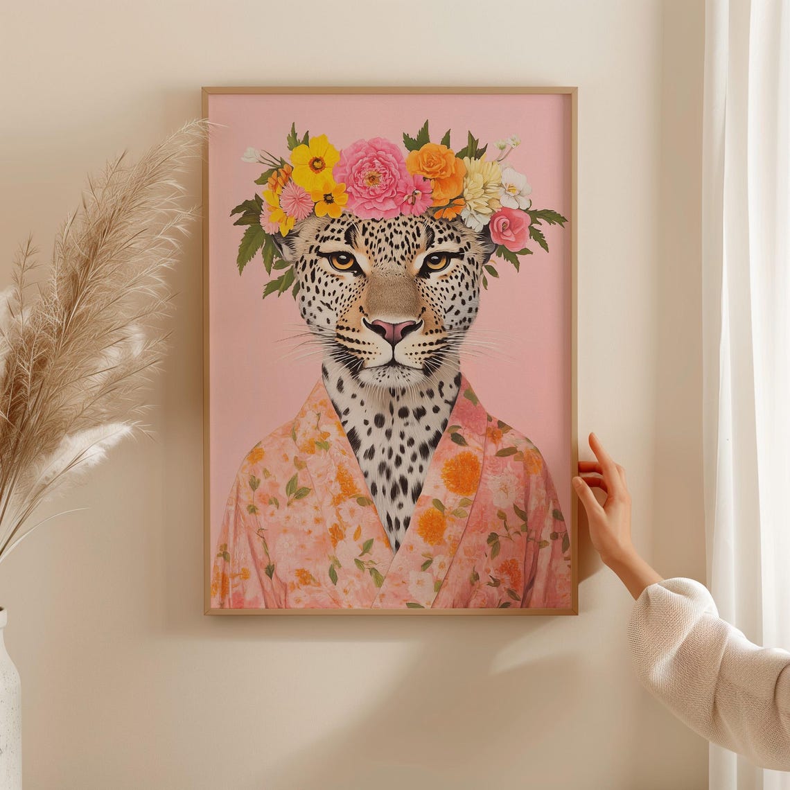 Leopard With Floral Crown Painting Kimono Style Maximalist Poster - Image 3