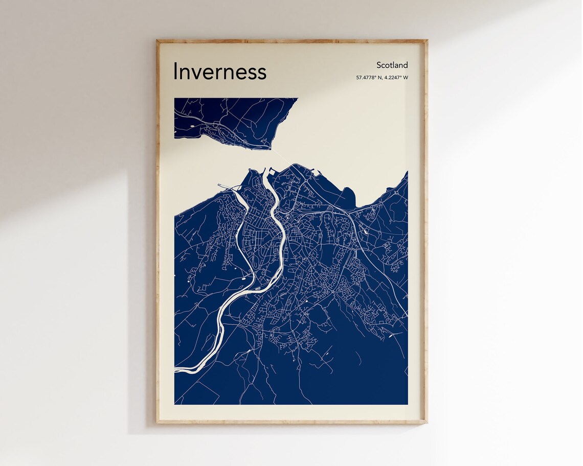 Inverness Scotland Monochrome Navy Highland City Street Map Poster