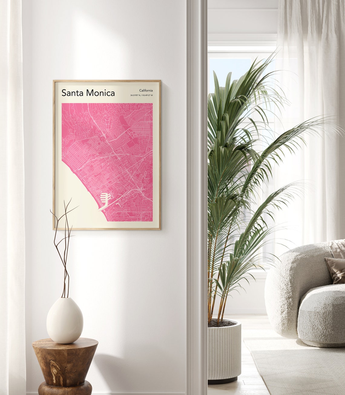 Santa Monica California Monochrome Gold Beach City Street Map Poster - Image 3