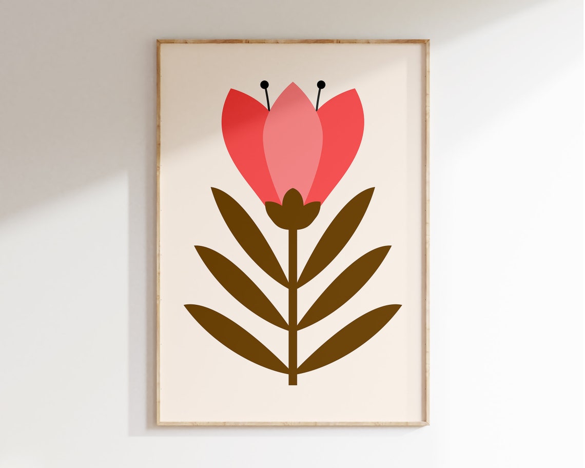 Mid Century Red Tulip Bloom Retro Flower Botanical Art Poster