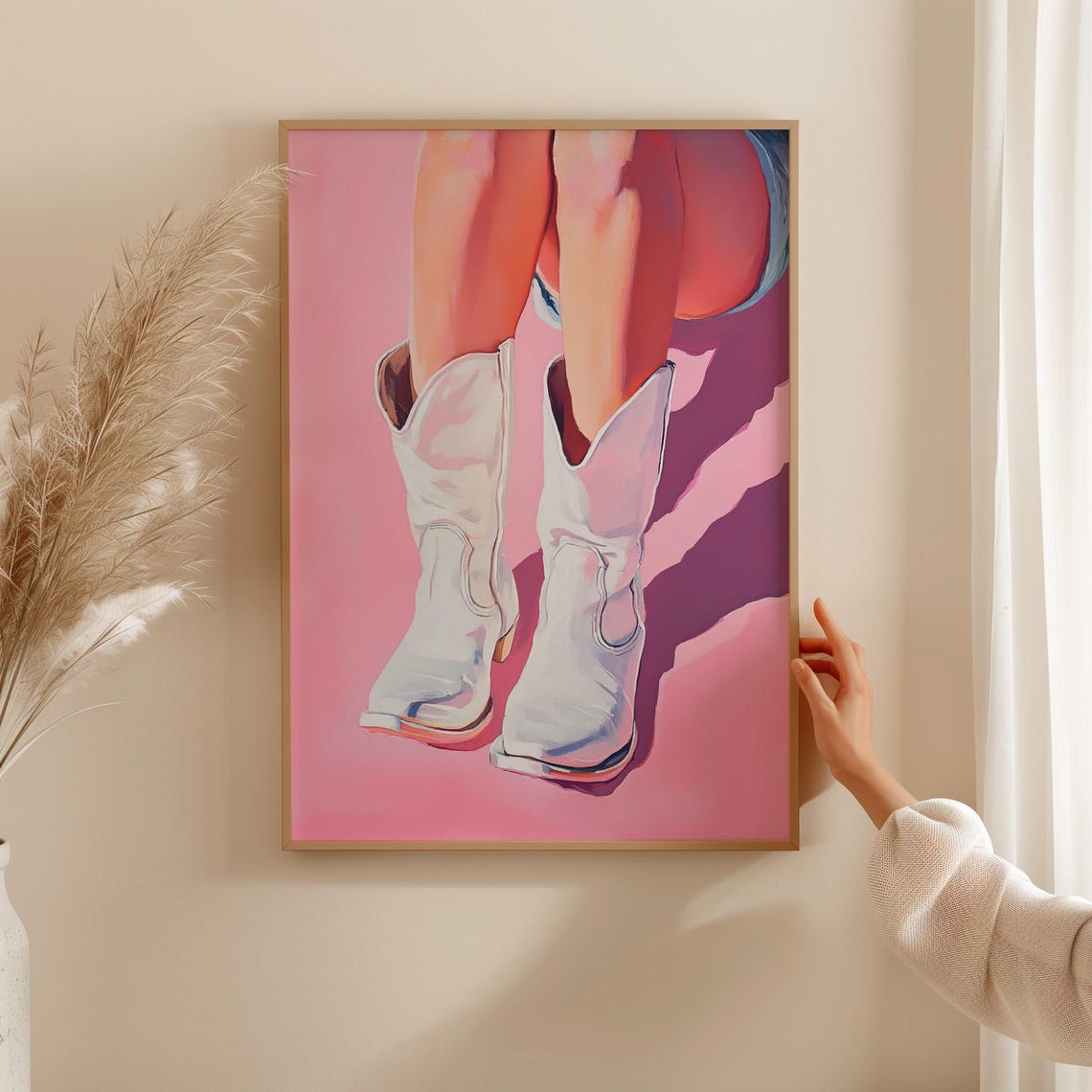 White Cowboy Boots Painting Pink Background Cowgirl Style Poster - Image 2
