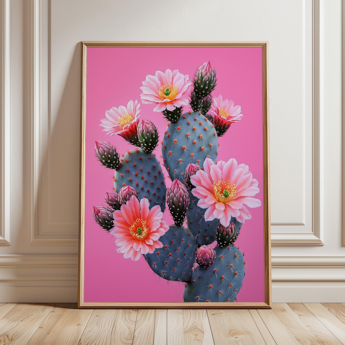 Pink Flowering Cactus Painting Blue Cactus Hot Pink Background Poster