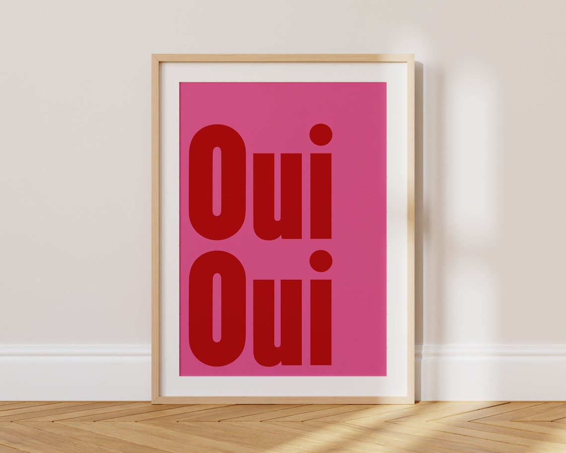 Oui Oui Bold Red Typography Pink French Minimalist Art Poster