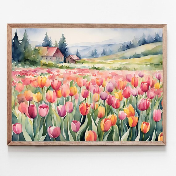 Tulip Field Watercolor Poster Colorful Spring Flowers Farmhouse