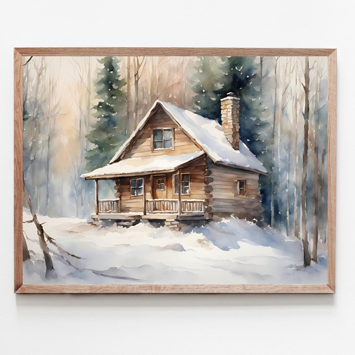 Forest Cabin Winter Landscape Watercolor Art Print