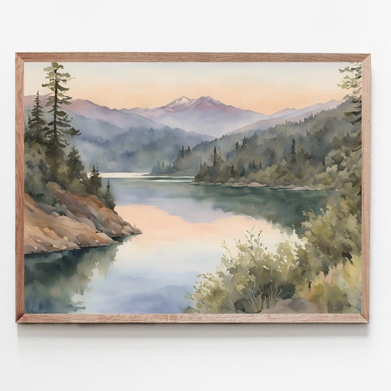 Sunset Lake Tahoe Painting Mountain Watercolor Art Print Pine Trees Wall Forest Artwork Landscape