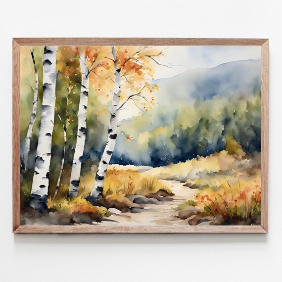 Autumn Birch Trees Watercolor Landscape Poster Forest Stream Fall Decor
