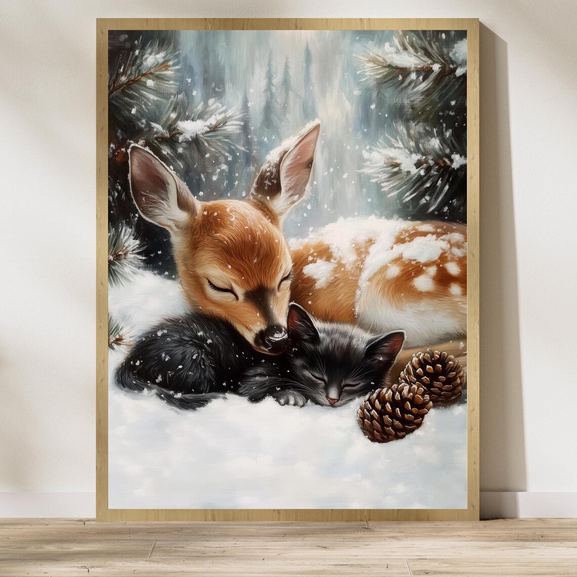 Fawn And Black Cat Christmas Poster, Winter Animal Art