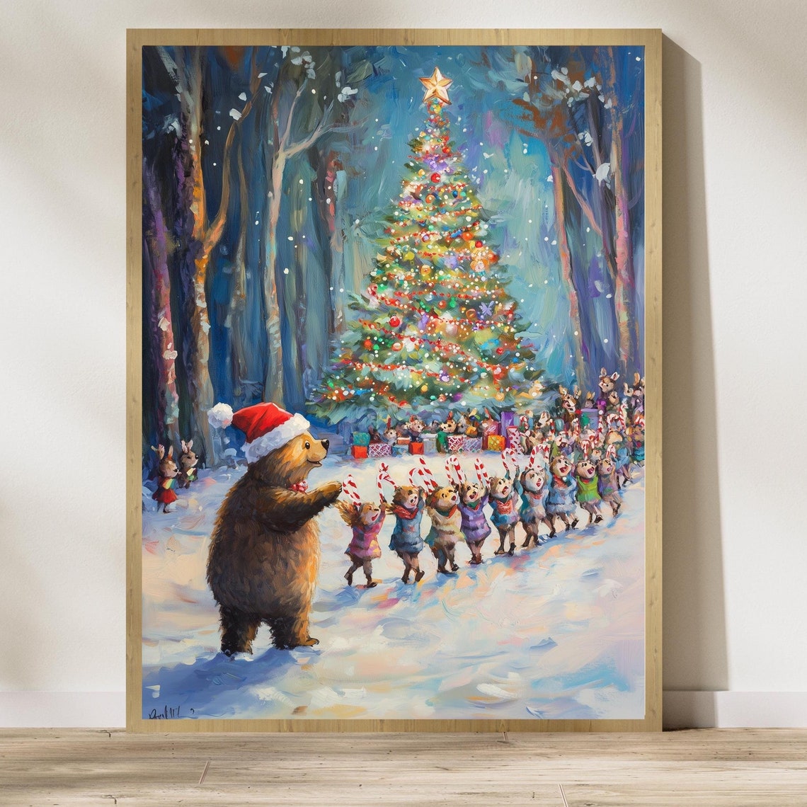 Joyful Christmas Bear Party Around a Brightly Decorated Tree Poster