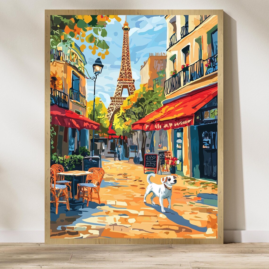 Paris Eiffel Tower Street Poster White Dog Cafe Colorful Travel Art
