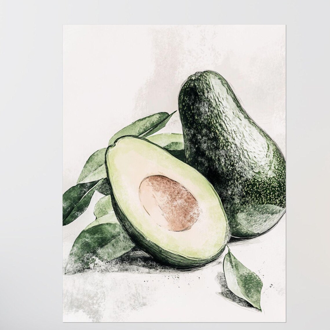 Avocado Pair One Halved Watercolor Botanical Food Artwork Poster