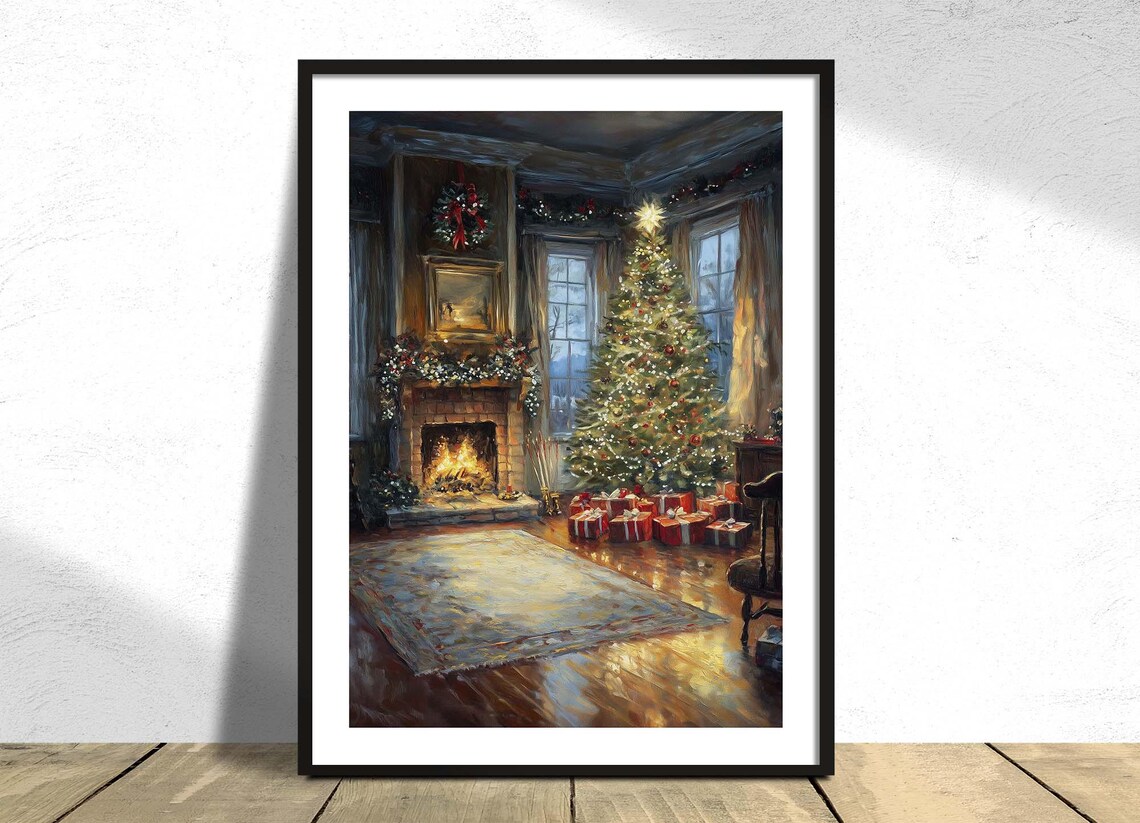 Christmas Living Room Winter Art Print, Holiday Decor