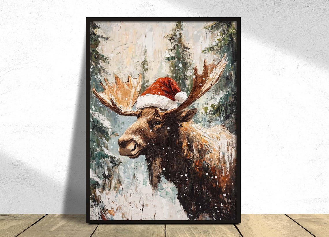 Handsome Moose Wearing a Santa Hat in Snowy Winter Forest Poster - Image 3